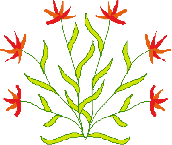 The image shows a colorful embroidered design featuring red flowers with green leaves atop what appears to be an aquatic plant in shades of blue-green against a dark background.