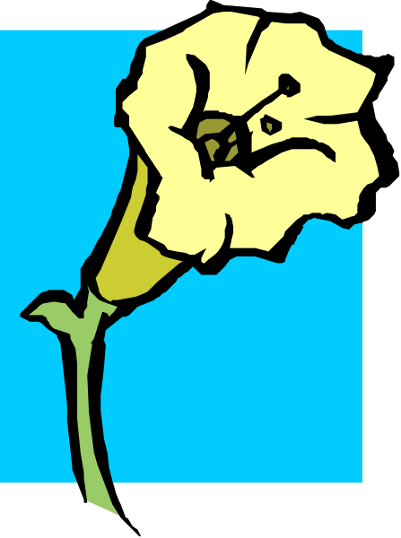 The image shows a cartoon of an orange flower with green leaves attached to it on top of what appears to be blue background.