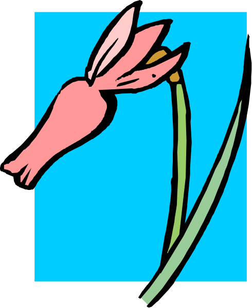The image shows a cartoon of an orange bird with long legs holding onto two green stems that have leaves on them against a blue background.