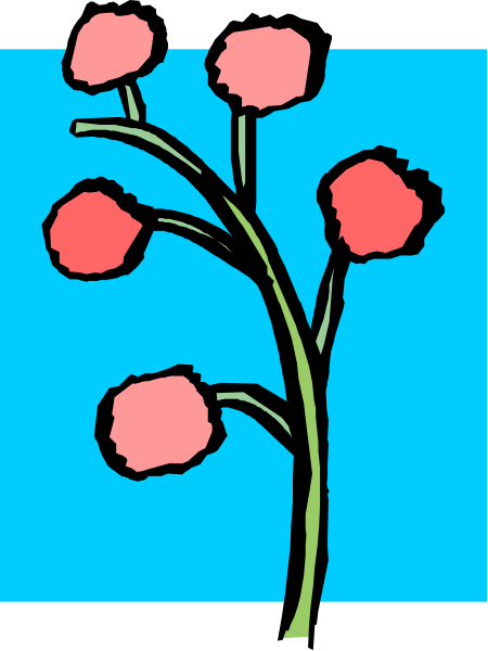 The image shows a blue background with three pink flowers on stems atop each other to the right side of an abstract design that resembles leaves in shades of green.