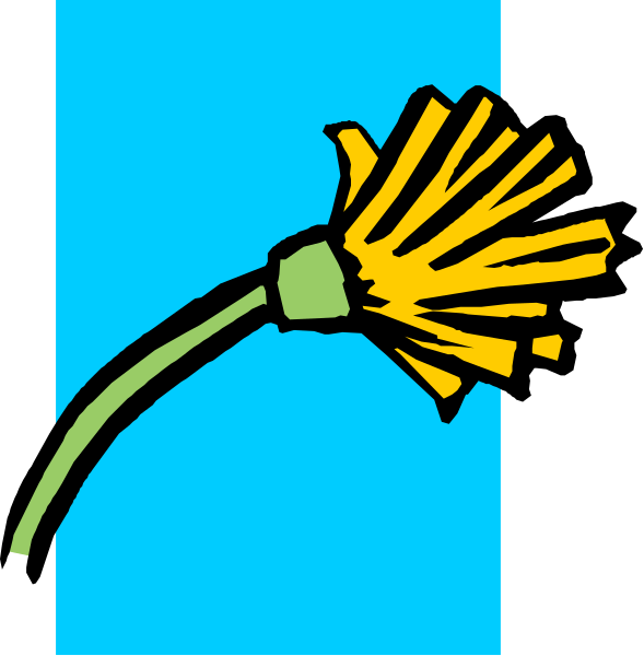 The image shows a blue background with two cartoon flowers on it: an open yellow flower to the left of another closed green one that is attached by its stem at the bottom right corner.