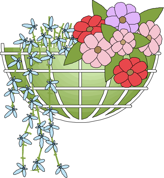 The illustration shows a basket filled with colorful flowers hanging from an overhead wire structure that resembles a globe shape.
