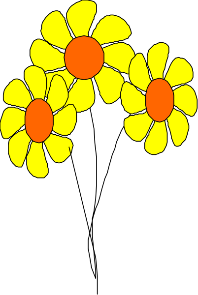 The picture shows a black background with three yellow daisies on it; each flower has an orange center.