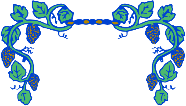 The image shows a decorative border with blue leaves on either side of an archway featuring grapes and vines against a black background.