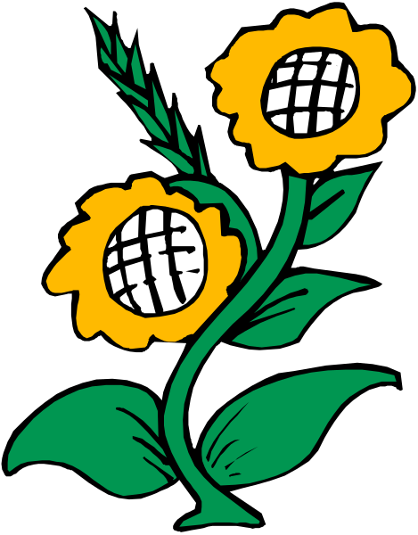 The image shows a graphic of two yellow flowers with green leaves on either side against a black background.