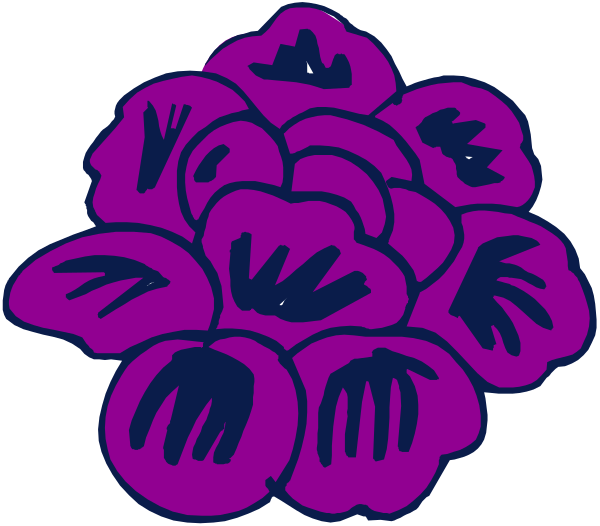 The image shows a cluster of purple flowers with green leaves against a black background.