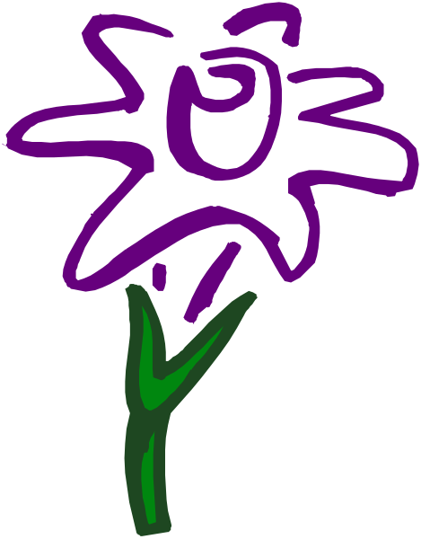 The image shows a purple flower with green leaves on top of it against a gray background.
