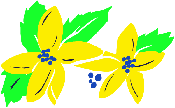 The image shows a digital illustration of yellow flowers with blue berries on green leaves against a black background.