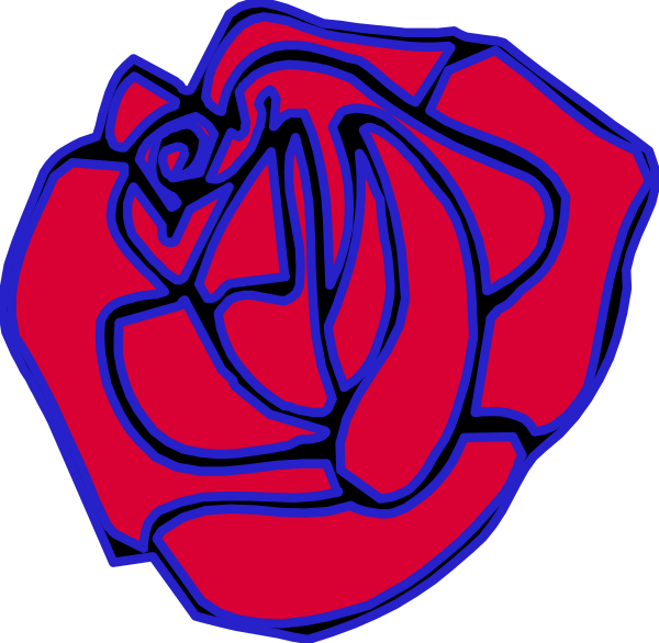 The image shows a red rose with blue outlines against a black background.