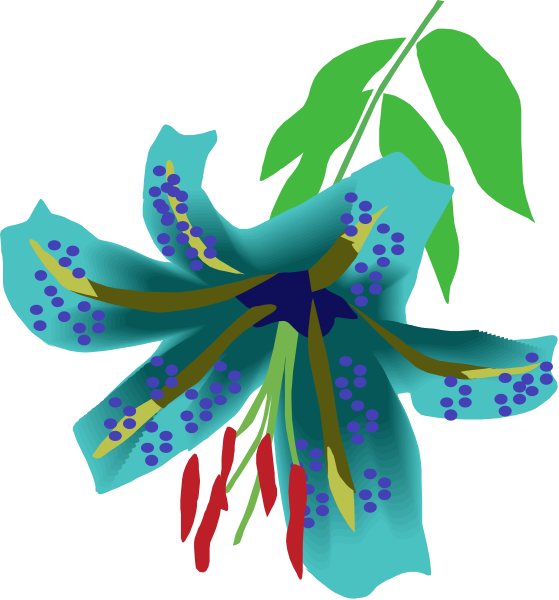The image shows a blue flower with six petals on its left side against a white background; to its right is another similar but smaller version of itself in red coloring.