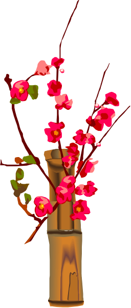 The image shows a vase with pink flowers on top of it placed inside what appears to be a bamboo holder against a gray background.