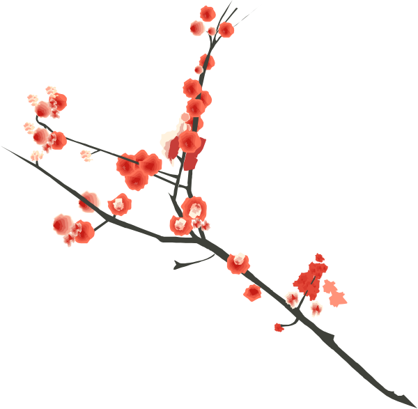 The image shows a branch with red flowers against a black background.