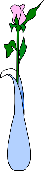 The image shows a single pink flower with green leaves inside of an open blue vase on what appears to be a gray surface.