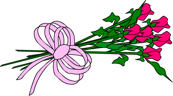 The image shows a bouquet of pink flowers with green leaves tied together by purple ribbon on top right corner against black background.