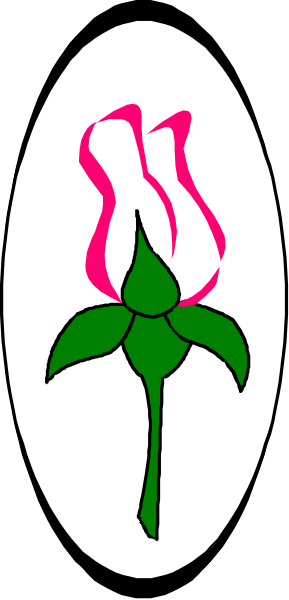 The image shows a rose with green leaves inside an oval border that has two red roses on either side of it.
