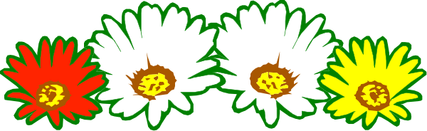 The image shows a row of colorful flowers with green leaves against a gray background.