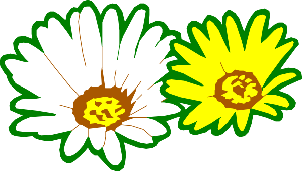 The image shows three daisies with yellow centers against a black background; there is no text present within this clip-art illustration.