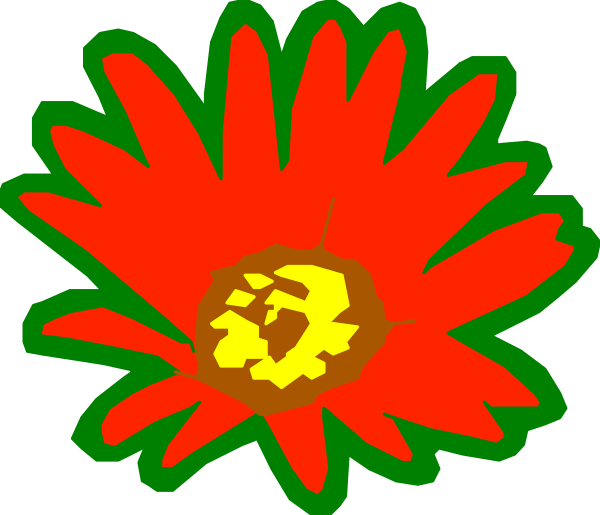 The image shows a red flower with yellow centers on either side of it against a black background.