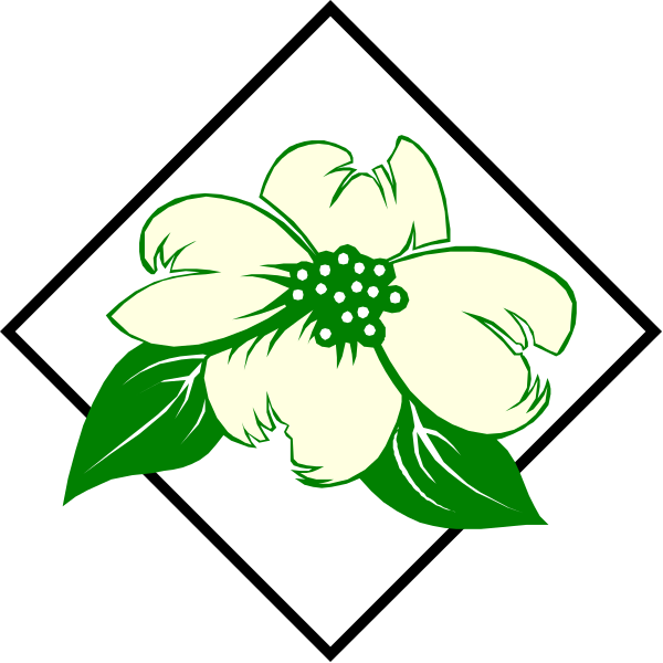 The image displays a white flower with green leaves on it inside an emblem that has two diamonds forming its shape; there is no text present in this clip-art illustration.