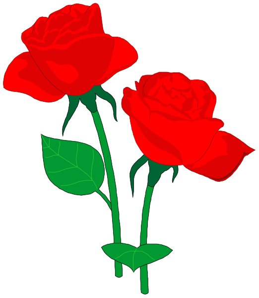 The image shows two red roses with green leaves on a black background.