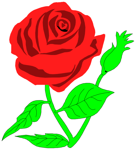 The image shows a red rose with green leaves on it against a black background.