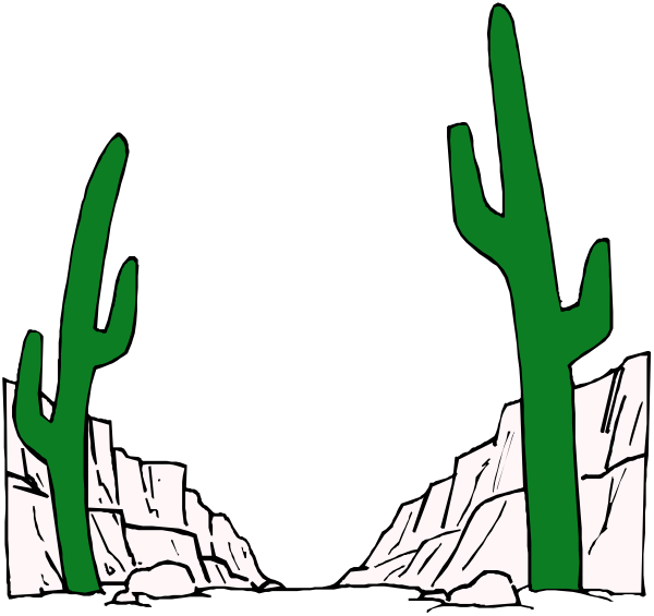 The black and white illustration shows a desert landscape with two cacti on either side of an arched passageway leading to rocky cliffs in the background under what appears to be night sky conditions.