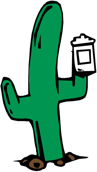 The image shows a cartoon cactus with an arm sticking out of it holding what appears to be a small object in its hand against a black background.