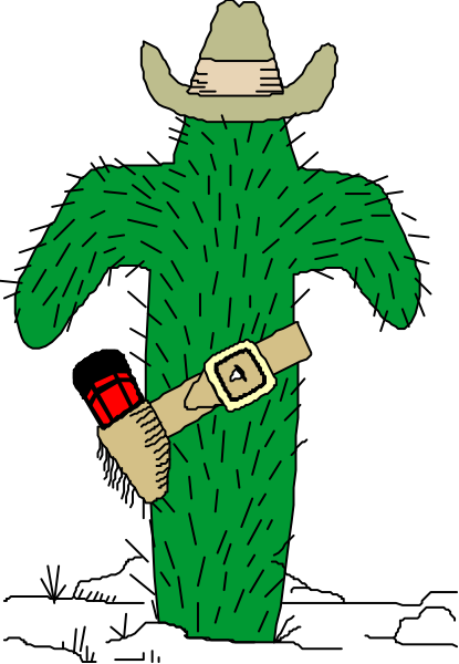 The image shows a cartoon of an anthropomorphic cactus character wearing cowboy attire with a gun holster on its side standing upright against a black background.