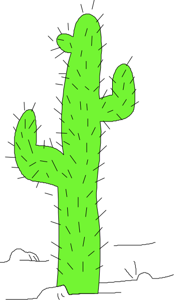 The image shows a cartoon cactus with green spines against a black background on the left side of an otherwise plain gray surface.