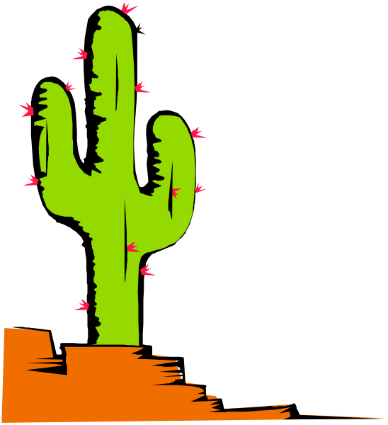 The image shows a cartoon cactus with red flowers on top of it against an orange background that resembles desert sand dunes at sunset.
