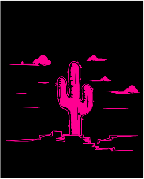 The image shows a cartoon cactus with an outline of its silhouette against a dark background at nighttime in Arizona's desert landscape under a pink sky, featuring clouds above it.