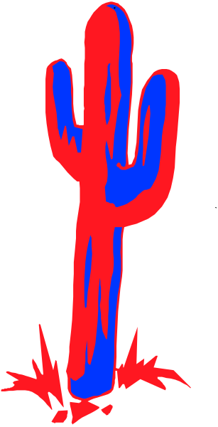 The image shows a stylized cactus with red spines against a black background on the left side of an American flag design in shades of blue and white.
