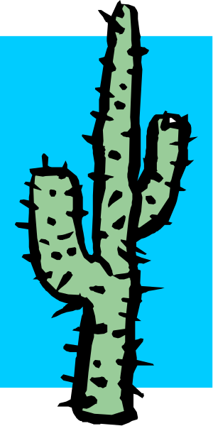 The image shows a cartoon cactus with two arms against a blue background.