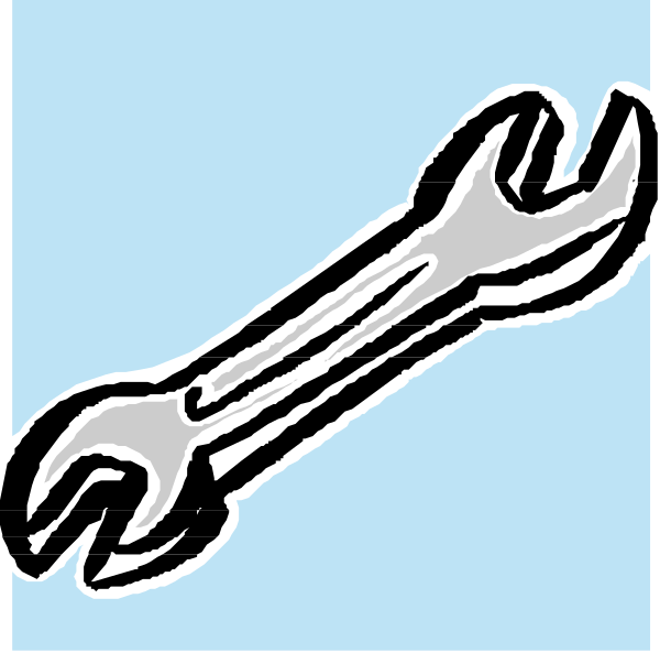 The image shows a black and white illustration of two wrenches with their handles crossed over each other against a blue background on top half; bottom half is blank.