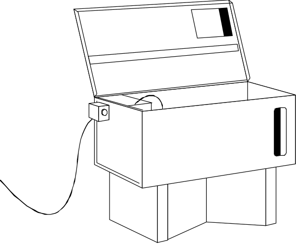 The black and white line drawing shows a cash register on top of an oven with its door open.