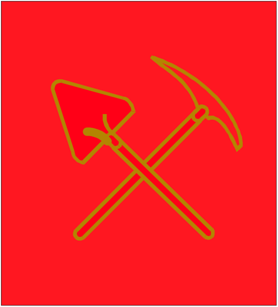 The image shows a red flag with an axe crossed over it on top of what appears to be a hammer symbolizing communism; there is no text present in this clip-art representation.