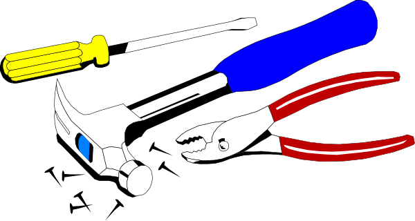 The image shows a collection of tools including pliers with blue handles, red wire cutters, yellow screwdrivers, white wrenches, black vice grips, silver scissors, and various other small items that resemble different types of hardware or equipment typically found in toolboxes or workshops.