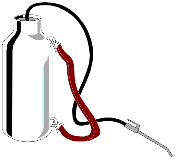 The image shows a white fire extinguisher with red hoses connected to it on its side next to an oxygen tank in black and white clip-art form.