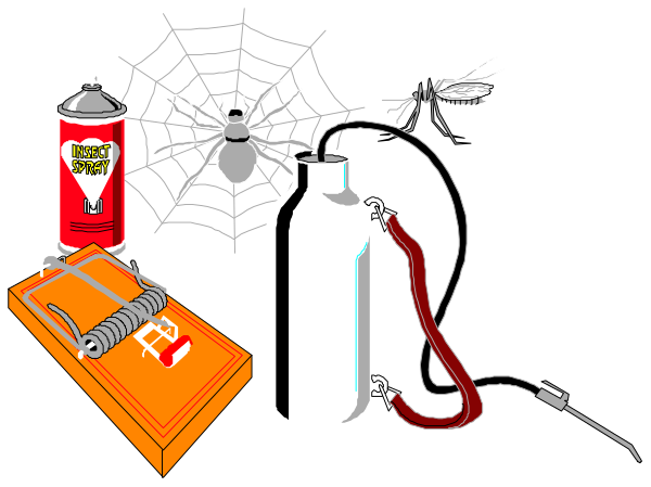 The image shows a collection of items on a table: there's an open umbrella with its canopy upside down; two spray bottles labeled "bug bomb" in red and white containers respectively; a spider web design, possibly for Halloween decoration or pest control purposes; a small black object that resembles a cat toy; a pair of scissors lying on the table. The items are arranged casually with no particular order to them.