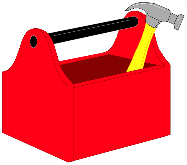 The illustration shows a red toolbox with an open lid containing various tools such as pliers inside it; to its right is another object that appears to be a small hammer resting on top of what looks like a yellow substance, possibly paint or glue.