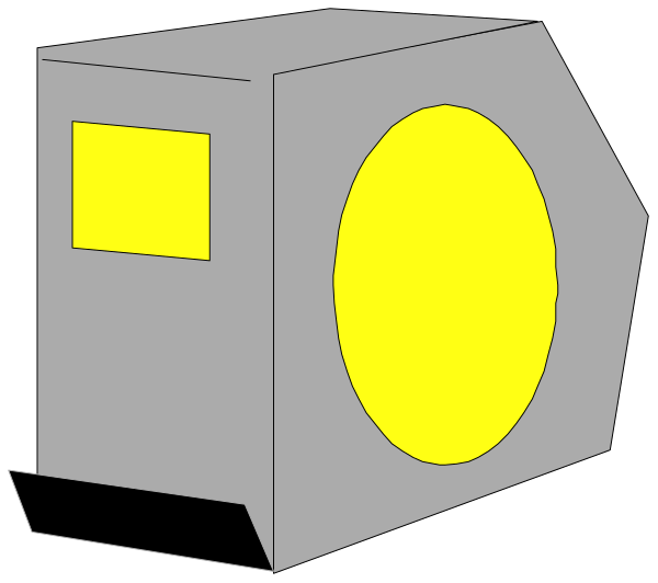 The image shows a simple black and white line drawing of an object that resembles a box with two yellow circles on it placed against a dark background.