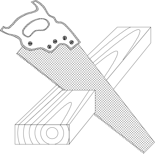 The black and white illustration shows a pair of scissors with their blades crossed over an X-shaped object that resembles a piece of wood on top of another wooden plank.