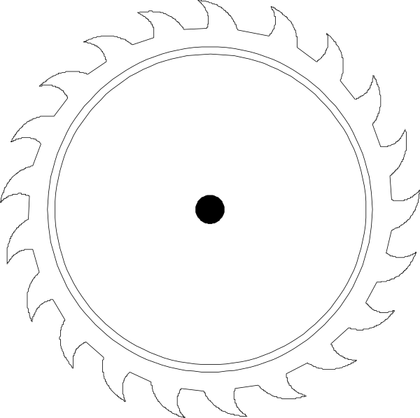 The black and white illustration shows a circular saw blade with sharp teeth surrounding an inner circle that contains a small hole at its center.