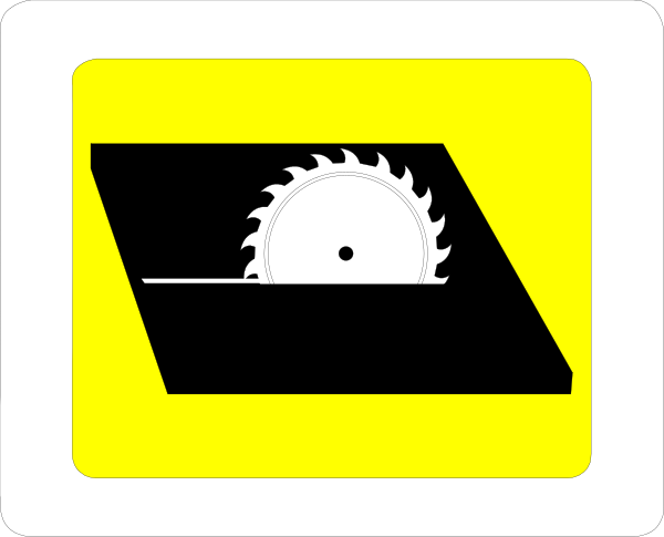 The image shows a yellow sign with black text that reads "Caution" at the top left corner of an icon depicting what appears to be a saw blade in motion on a white background within a square border, and below it is another smaller graphic resembling a gear or wheel inside a circle.