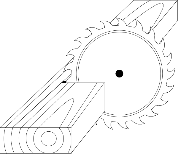 The black and white illustration shows a saw blade with teeth on it next to an object that resembles a piece of wood being cut by the saw.