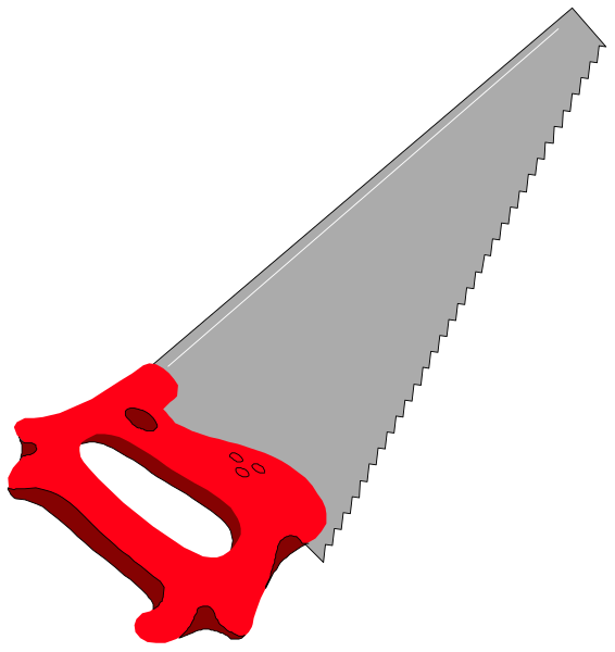 The image shows two different types of saws: a handheld jigsaw with an orange handle on top left corner; and another type of blade-like object in bottom right corner that is red and has teeth, resembling a hacksaw blade or possibly part of some other tool.