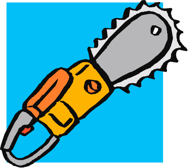 The image shows a pair of scissors with orange handles on top left corner against blue background; below it is an illustration of two hands holding up a chainsaw in bottom right corner also set against blue backdrop, and there's another smaller picture at lower center showing a handheld power drill.