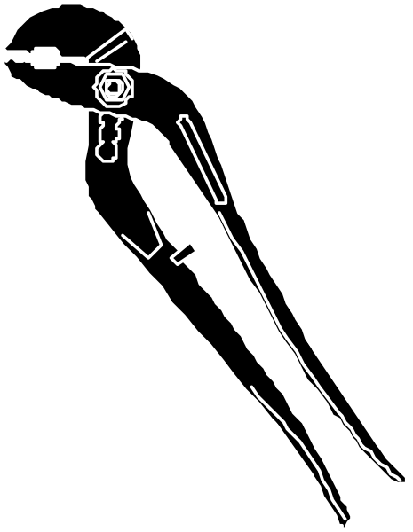 The black and white illustration shows a person on skis with outstretched arms flying through midair against an unseen background.