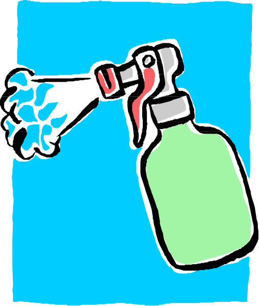 The image shows a cartoon of an open bottle with red liquid pouring out onto blue floor tiles next to it is another closed green spray bottle on top of which rests two white flowers in full bloom, all set against a gray background wall and framed by black lines forming the border of this clip-art.