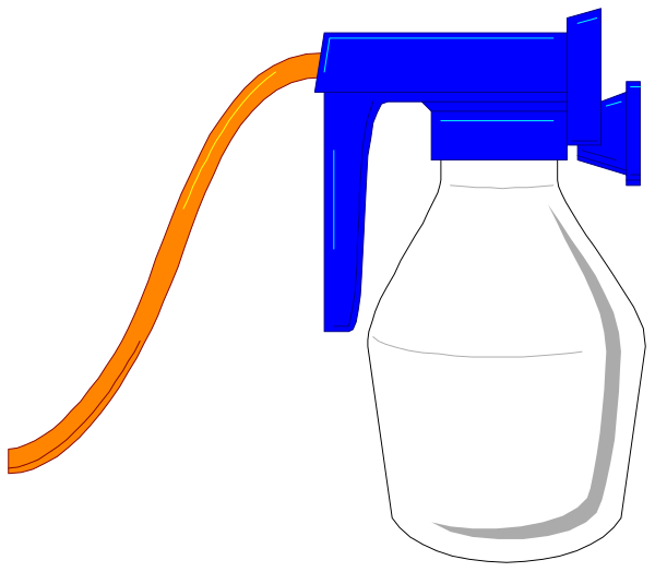 The image shows a spray bottle with an orange hose connected to it on its right side next to another identical but empty blue spray bottle in front of them both against a black background.